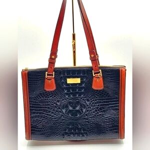 BRAHMIN Black Croc Embossed Crox Leather Shopper's Tote Cognac Leather Strap